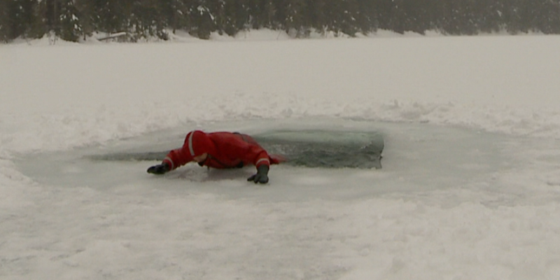 As you kick the water you'll slide onto the ice